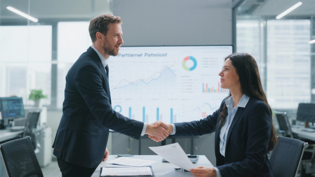 Two business professionals shaking hands while reviewing partnership agreements and financial performance dashboards in modern office