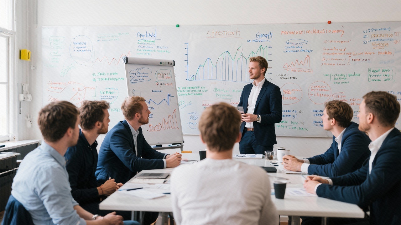 Financial consultants in Amsterdam leading strategy workshop with Dutch founders surrounded by whiteboards filled with growth metrics