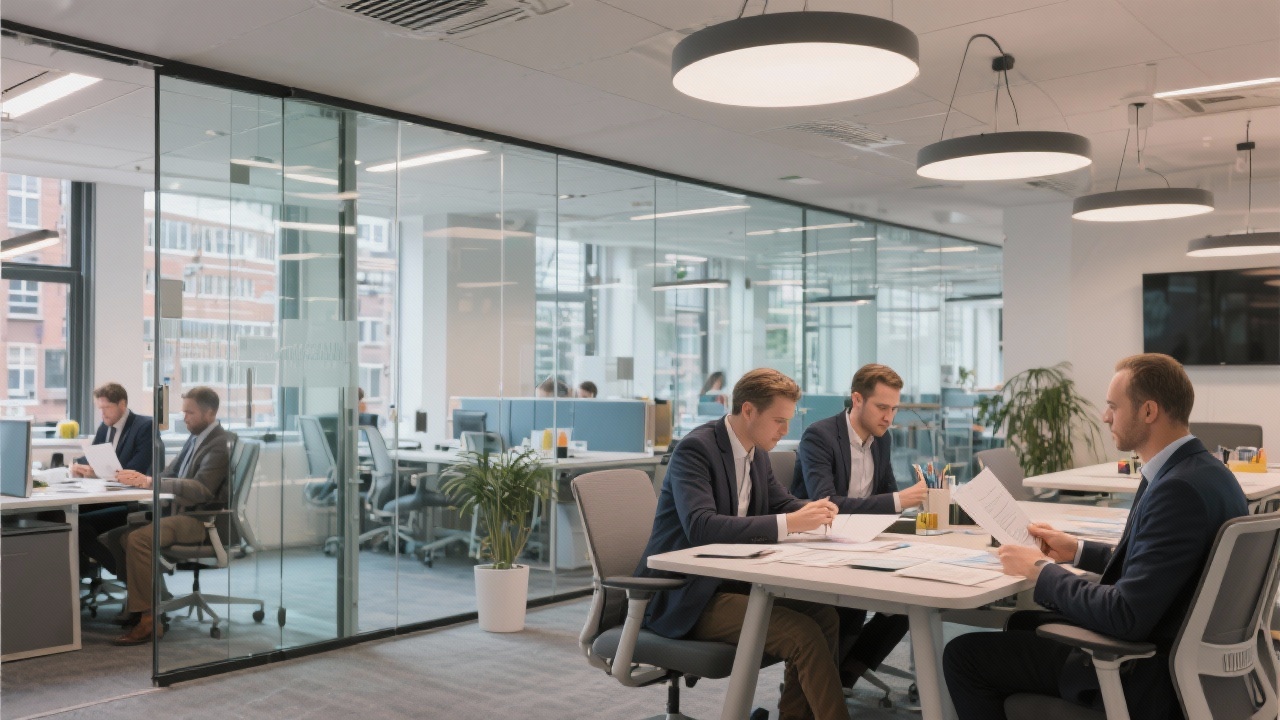 Modern Amsterdam office with glass walls, collaborative workspace and financial advisors preparing consultation materials