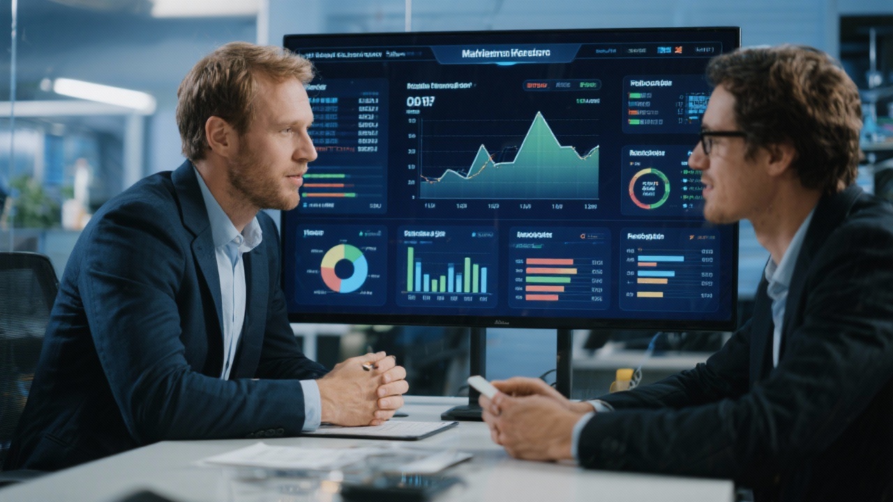 Dashboard displaying advanced forecasting analytics while Dutch CFO discusses scenarios with finance consultant