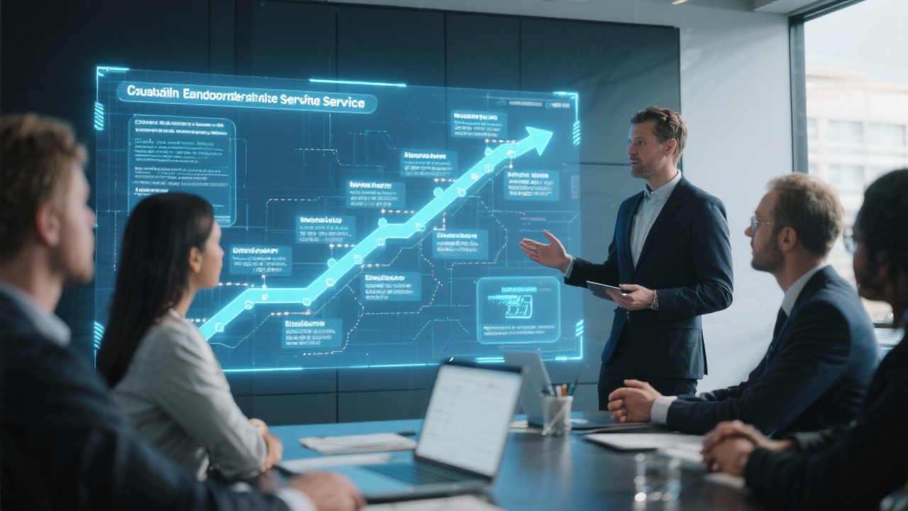 Financial consultant presenting integrated service roadmap on holographic screen to Dutch entrepreneurial leadership team
